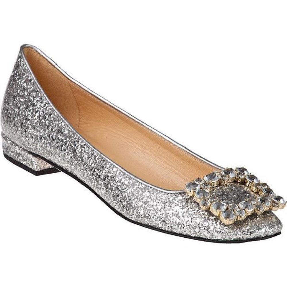 Kate Spade Norella silver glitter ballet flats / shoes with crystal buckles